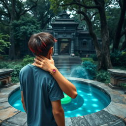 A 26-year-old young man with slightly long hair that has red tips stands in front of a magical well, looking into its depths