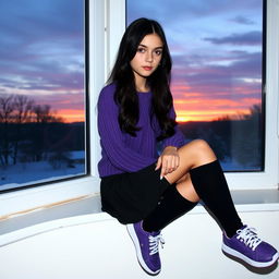 A 19-year-old girl with long, slightly wavy black hair down to her waist and striking violet eyes