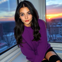 A 19-year-old girl with long, slightly wavy black hair down to her waist and striking violet eyes