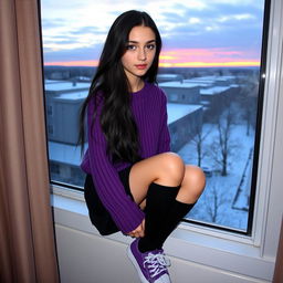 A 19-year-old girl with long, slightly wavy black hair down to her waist and striking violet eyes