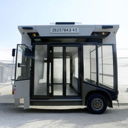 A robust penitentiary transport bus, designed with high-security measures, featuring barred windows and reinforced doors, against a backdrop of the prison facility.