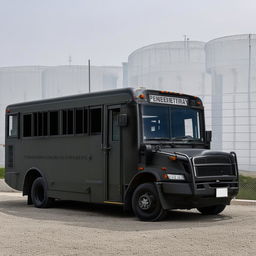 A robust penitentiary transport bus, designed with high-security measures, featuring barred windows and reinforced doors, against a backdrop of the prison facility.