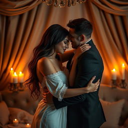 A passionate couple embracing in a romantic setting, surrounded by soft candlelight and a cozy atmosphere