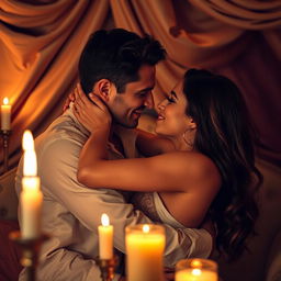 A passionate couple embracing in a romantic setting, surrounded by soft candlelight and a cozy atmosphere