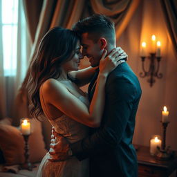 A passionate couple embracing in a romantic setting, surrounded by soft candlelight and a cozy atmosphere