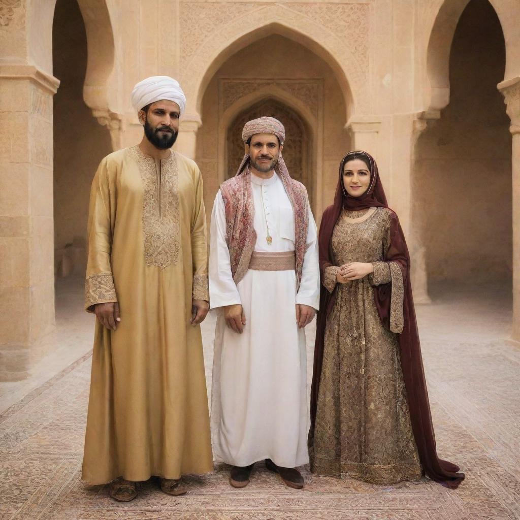 Prophet Yusuf (Joseph) and Zuleikha standing together in a classical Middle Eastern setting, adorned in traditional garb of the era