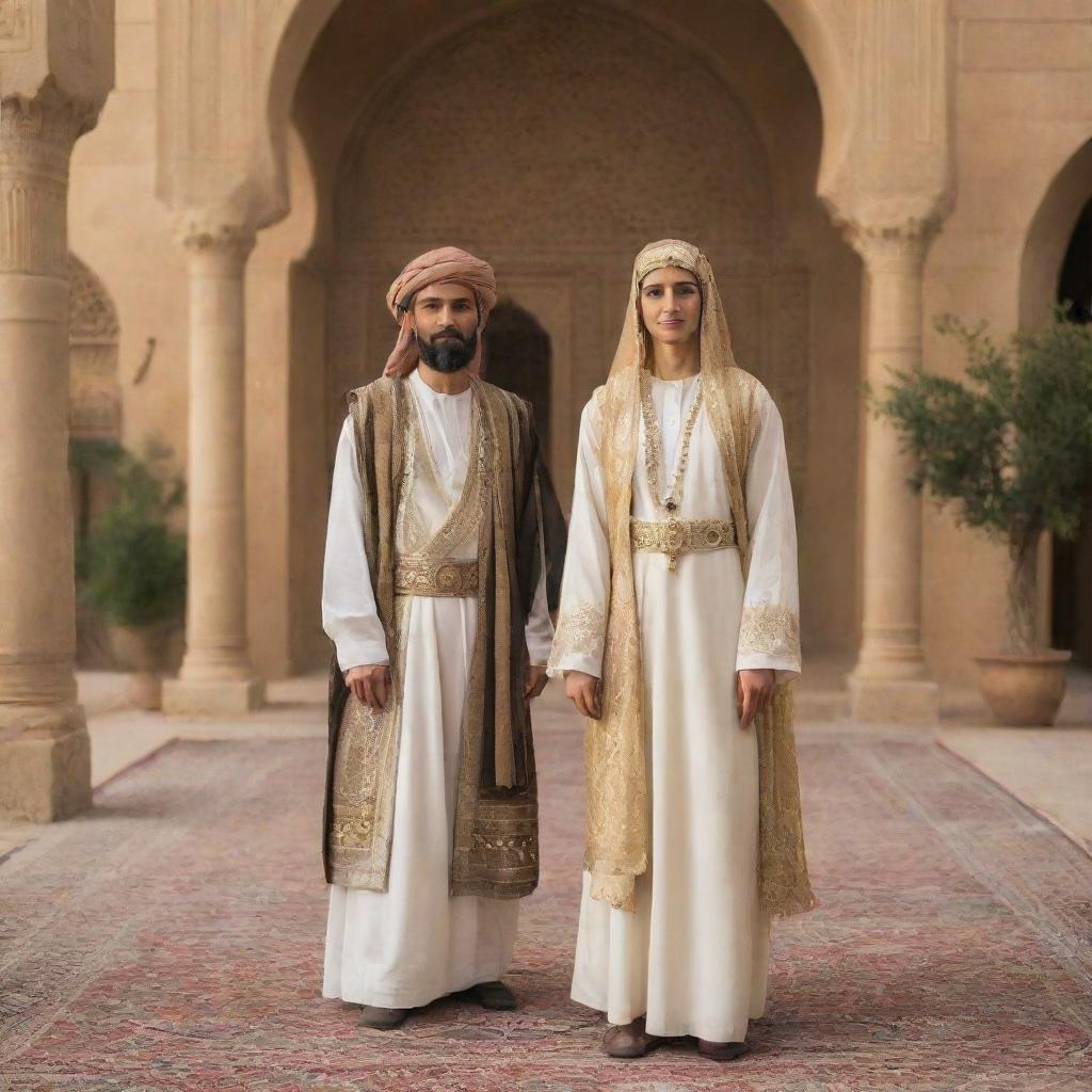 Prophet Yusuf (Joseph) and Zuleikha standing together in a classical Middle Eastern setting, adorned in traditional garb of the era