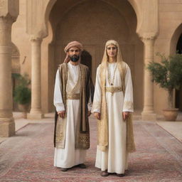 Prophet Yusuf (Joseph) and Zuleikha standing together in a classical Middle Eastern setting, adorned in traditional garb of the era