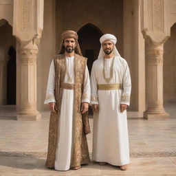 Prophet Yusuf (Joseph) and Zuleikha standing together in a classical Middle Eastern setting, adorned in traditional garb of the era