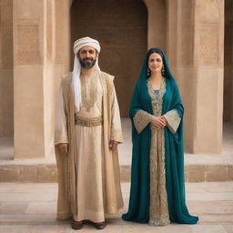 Prophet Yusuf (Joseph) and Zuleikha standing together in a classical Middle Eastern setting, adorned in traditional garb of the era