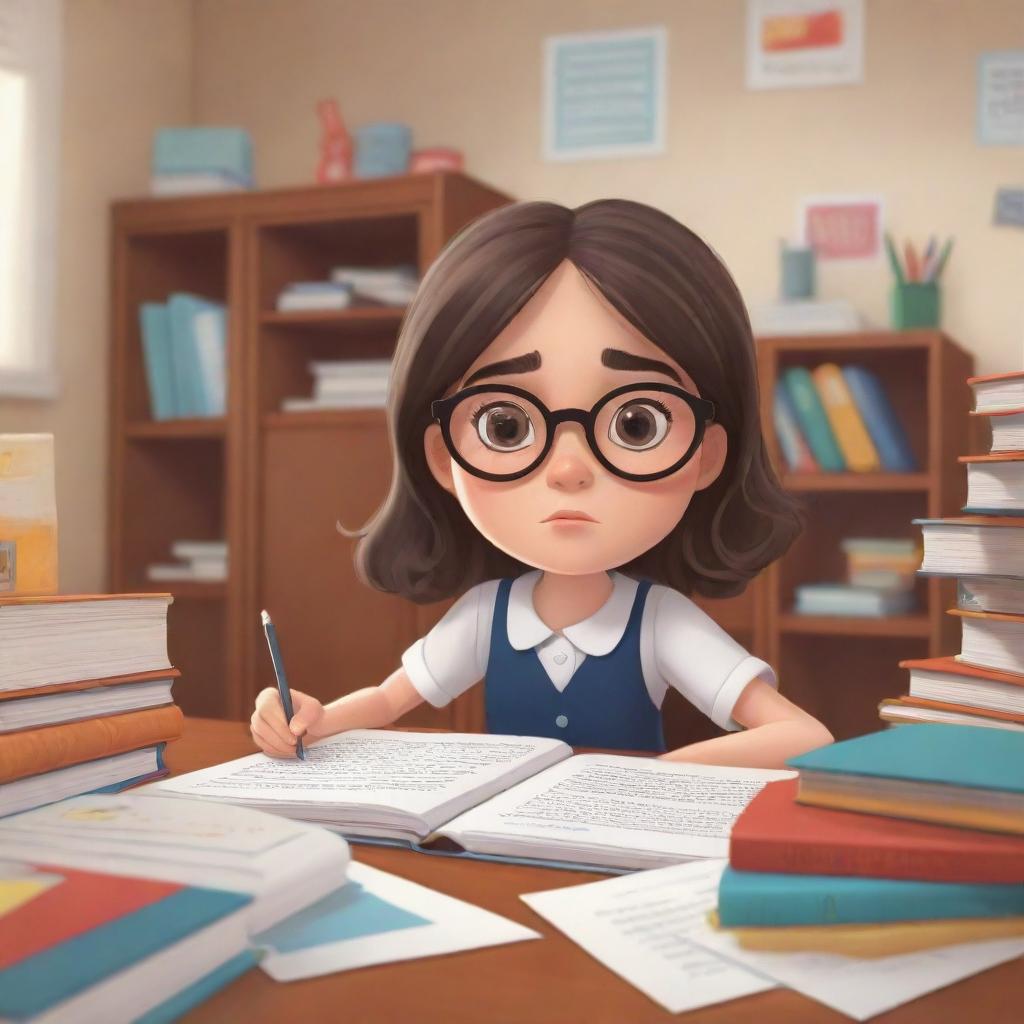 A cartoon-style representation of a dedicated high school girl wearing spectacles, engrossed in her studies inside her personal room filled with books and study materials.