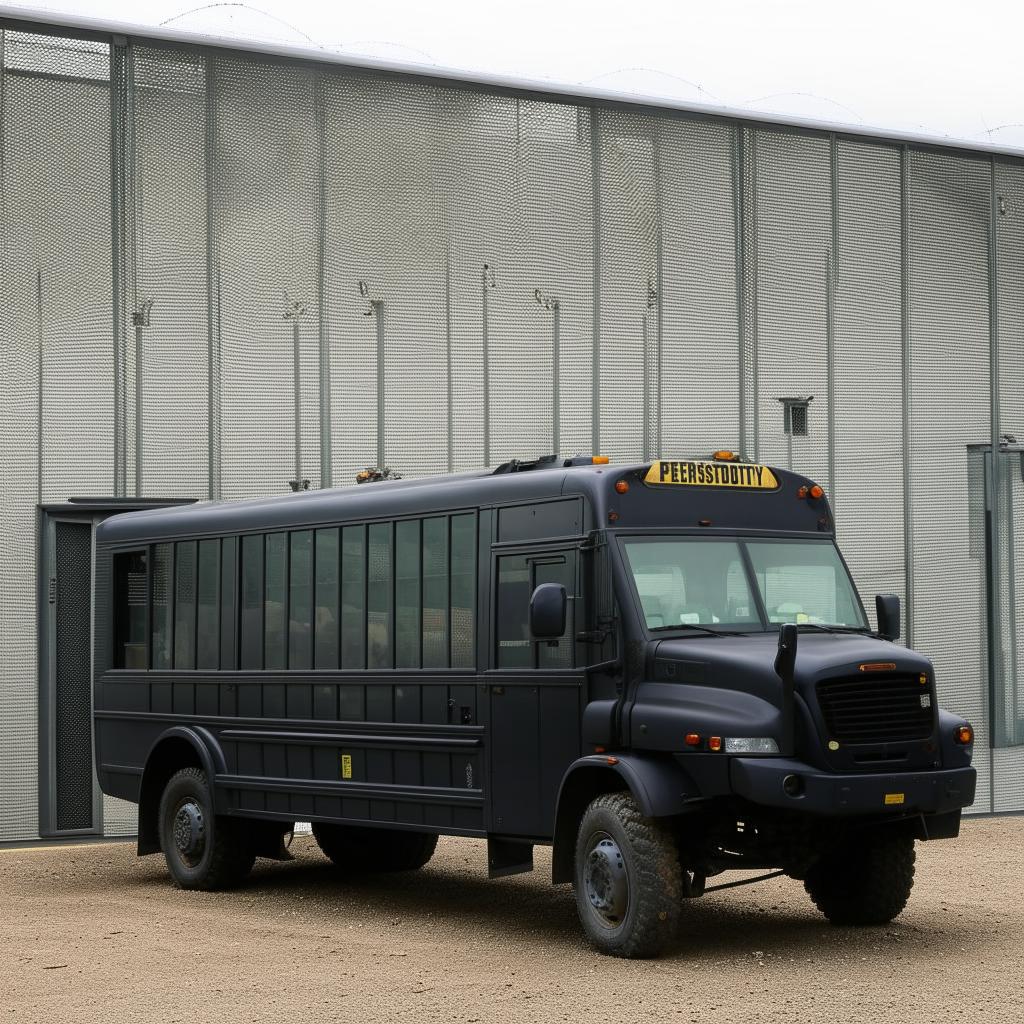 A robust penitentiary transport bus, designed with high-security measures, featuring barred windows and reinforced doors, against a backdrop of the prison facility.