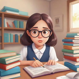 A cartoon-style representation of a dedicated high school girl wearing spectacles, engrossed in her studies inside her personal room filled with books and study materials.