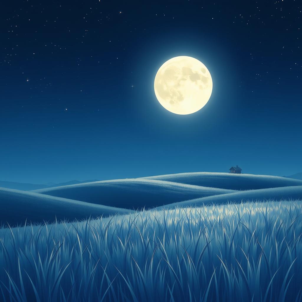 An anime style illustration of a serene night scene featuring a bright, full moon hanging high in the sky over a tranquil field