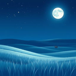 An anime style illustration of a serene night scene featuring a bright, full moon hanging high in the sky over a tranquil field