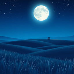 An anime style illustration of a serene night scene featuring a bright, full moon hanging high in the sky over a tranquil field