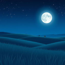 An anime style illustration of a serene night scene featuring a bright, full moon hanging high in the sky over a tranquil field