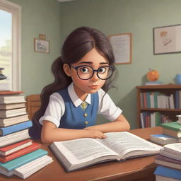 A cartoon-style representation of a dedicated high school girl wearing spectacles, engrossed in her studies inside her personal room filled with books and study materials.