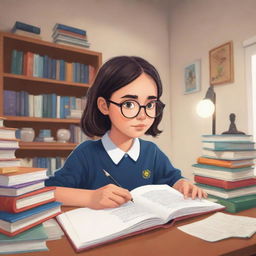 A cartoon-style representation of a dedicated high school girl wearing spectacles, engrossed in her studies inside her personal room filled with books and study materials.