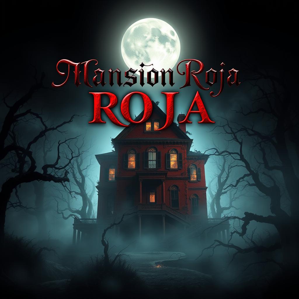 A striking video game cover for 'Mansión Roja,' featuring a foreboding red mansion that appears dilapidated and crumbling, surrounded by a dark, dense forest illuminated by eerie moonlight