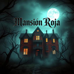 A striking video game cover for 'Mansión Roja,' featuring a foreboding red mansion that appears dilapidated and crumbling, surrounded by a dark, dense forest illuminated by eerie moonlight