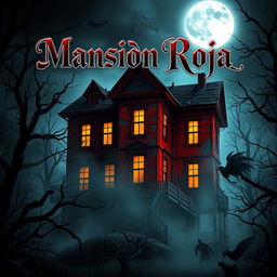 A striking video game cover for 'Mansión Roja,' featuring a foreboding red mansion that appears dilapidated and crumbling, surrounded by a dark, dense forest illuminated by eerie moonlight