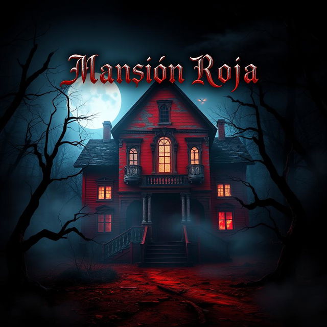 A striking video game cover for 'Mansión Roja,' featuring a foreboding red mansion that appears dilapidated and crumbling, surrounded by a dark, dense forest illuminated by eerie moonlight