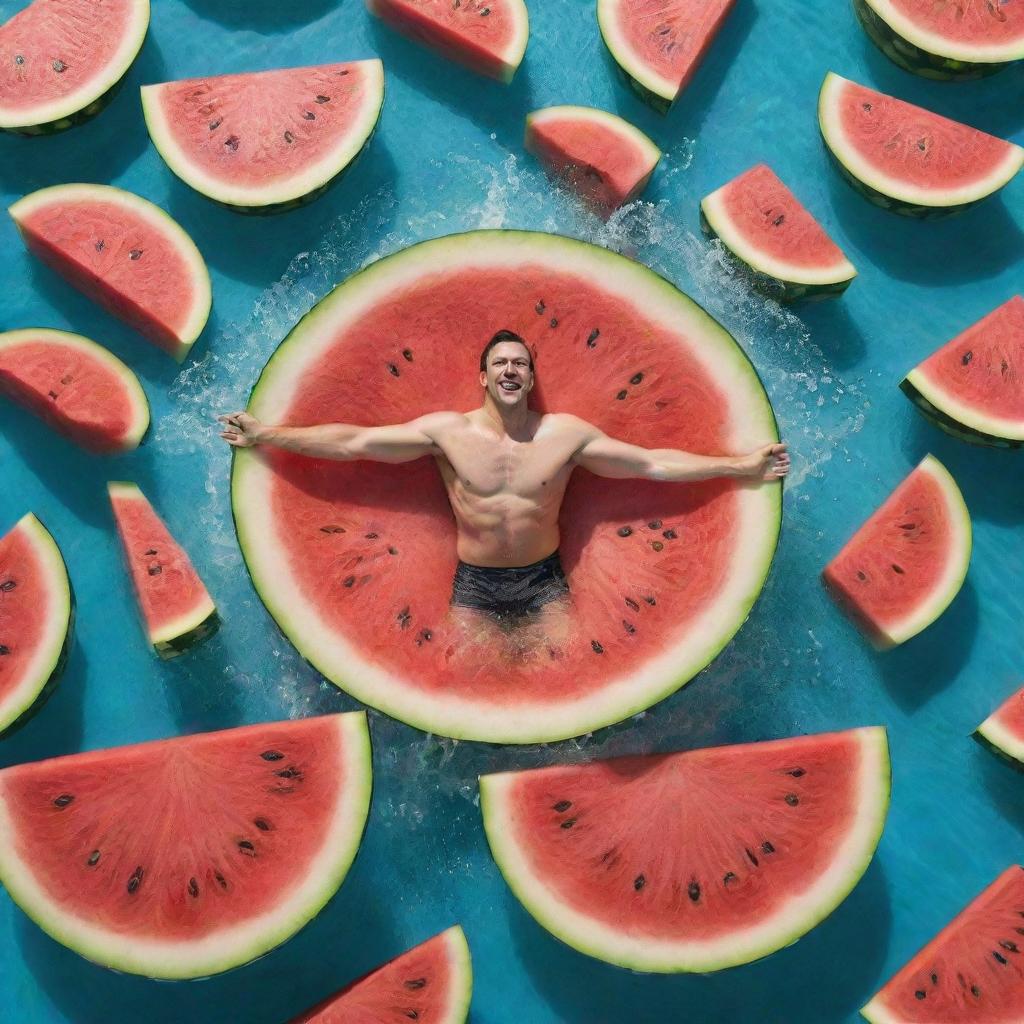 A whimsical image of a man joyfully swimming in a sea of giant, juicy watermelon slices, surrounded by a spray of fruity water.