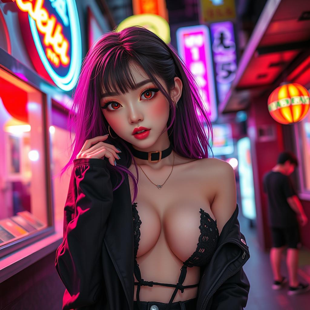 A beautiful Korean girl in a seductive pose, with stylish anime features, expressive eyes, and vibrant hair