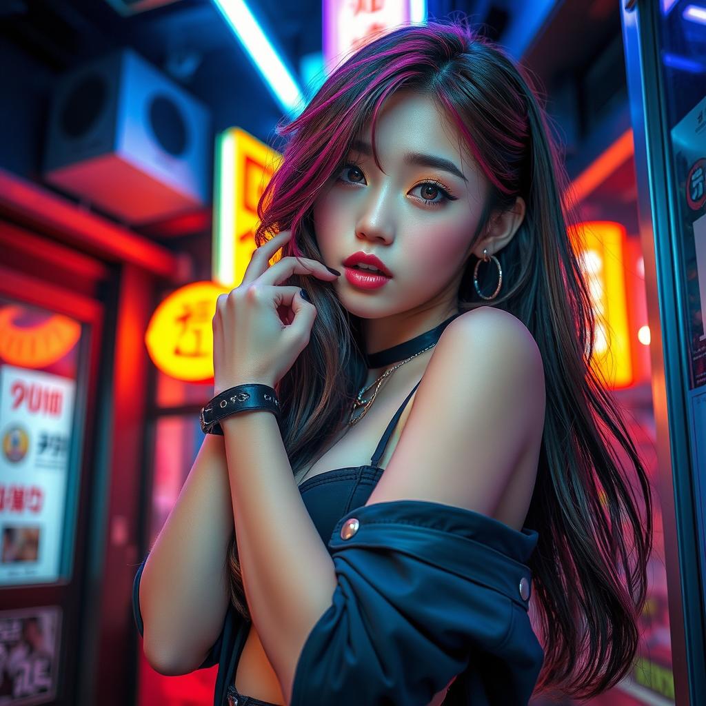 A beautiful Korean girl in a seductive pose, with stylish anime features, expressive eyes, and vibrant hair