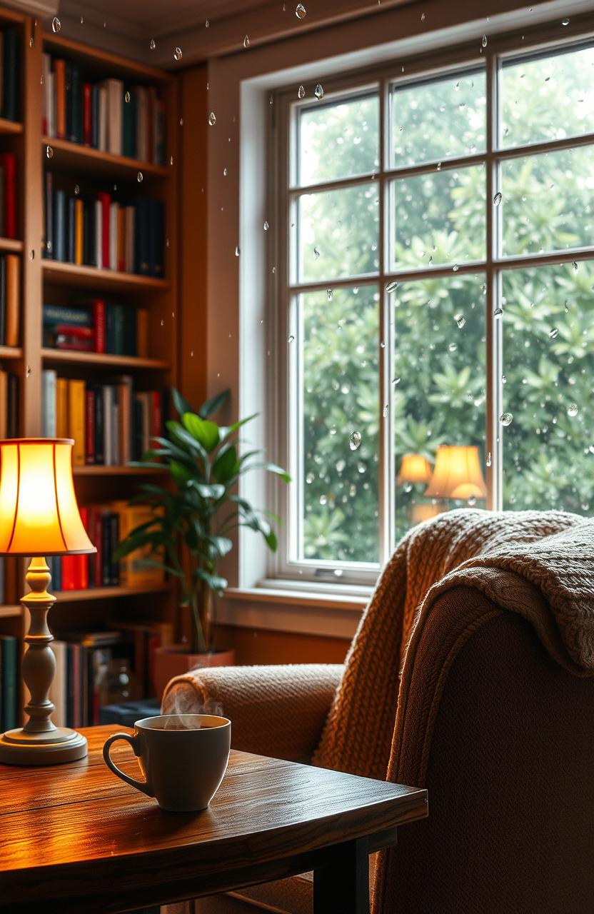 A cozy indoor scene depicting a rainy day, with raindrops falling gently against a window, blurring the outside world