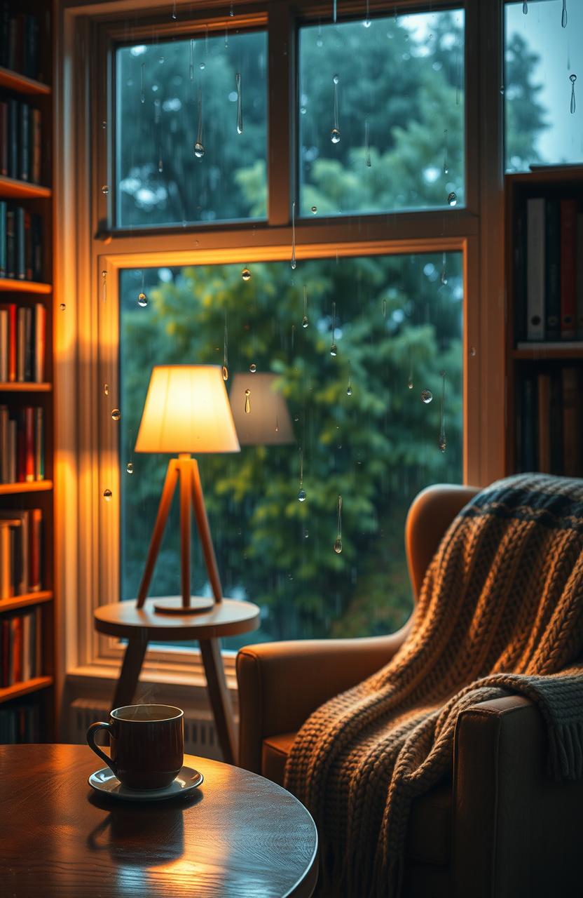 A cozy indoor scene depicting a rainy day, with raindrops falling gently against a window, blurring the outside world