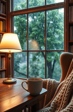 A cozy indoor scene depicting a rainy day, with raindrops falling gently against a window, blurring the outside world