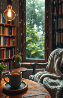 A cozy indoor scene depicting a rainy day, with raindrops falling gently against a window, blurring the outside world