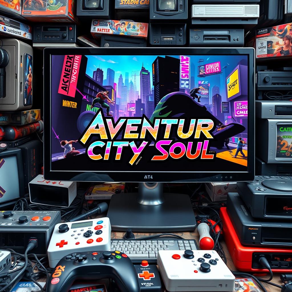 An eye-catching video game cover for 'Aventur City Soul,' featuring a sleek computer monitor displaying vibrant graphics of an adventurous urban landscape filled with action and dynamic characters