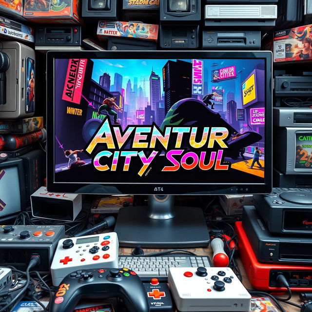 An eye-catching video game cover for 'Aventur City Soul,' featuring a sleek computer monitor displaying vibrant graphics of an adventurous urban landscape filled with action and dynamic characters