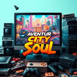 An eye-catching video game cover for 'Aventur City Soul,' featuring a sleek computer monitor displaying vibrant graphics of an adventurous urban landscape filled with action and dynamic characters