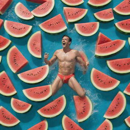 A whimsical image of a man joyfully swimming in a sea of giant, juicy watermelon slices, surrounded by a spray of fruity water.