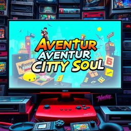 An eye-catching video game cover for 'Aventur City Soul,' featuring a sleek computer monitor displaying vibrant graphics of an adventurous urban landscape filled with action and dynamic characters