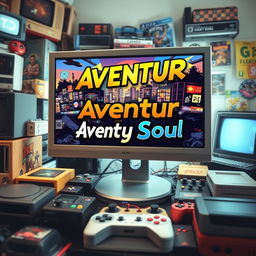 An eye-catching video game cover for 'Aventur City Soul,' featuring a sleek computer monitor displaying vibrant graphics of an adventurous urban landscape filled with action and dynamic characters