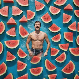 A whimsical image of a man joyfully swimming in a sea of giant, juicy watermelon slices, surrounded by a spray of fruity water.