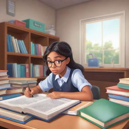 A cartoon-style depiction of a diligent high school girl wearing glasses, deeply engrossed in studying inside her personalized study room filled with textbooks.