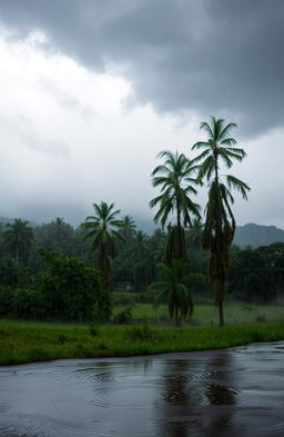 A serene and atmospheric scene depicting a heavy rain shower, with large dark clouds looming above as raindrops cascade down onto a lush green landscape