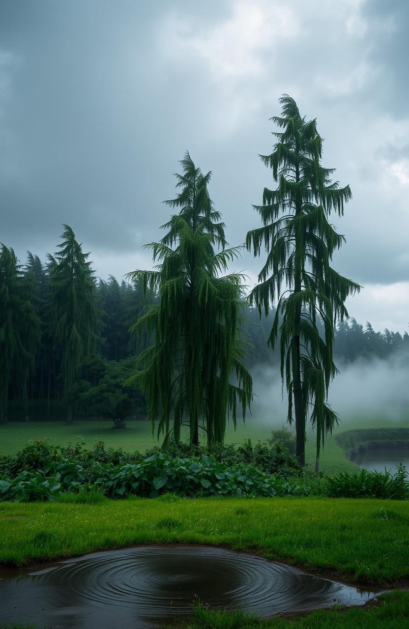 A serene and atmospheric scene depicting a heavy rain shower, with large dark clouds looming above as raindrops cascade down onto a lush green landscape