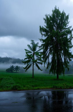 A serene and atmospheric scene depicting a heavy rain shower, with large dark clouds looming above as raindrops cascade down onto a lush green landscape