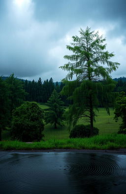 A serene and atmospheric scene depicting a heavy rain shower, with large dark clouds looming above as raindrops cascade down onto a lush green landscape