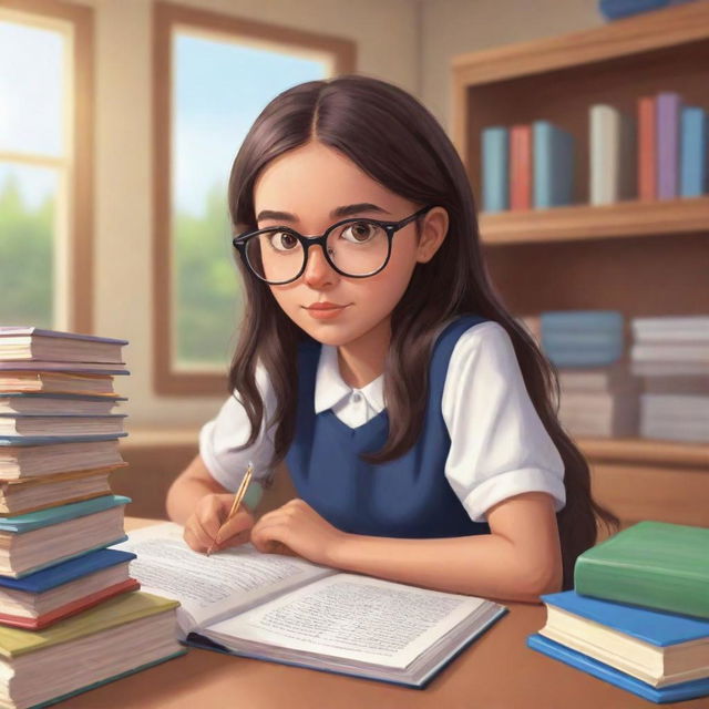 A cartoon-style depiction of a diligent high school girl wearing glasses, deeply engrossed in studying inside her personalized study room filled with textbooks.