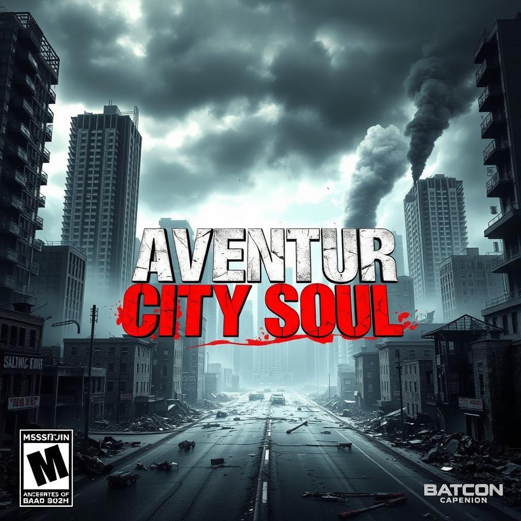 An impactful video game cover for 'Aventur City Soul,' showcasing a destroyed cityscape in an apocalyptic style