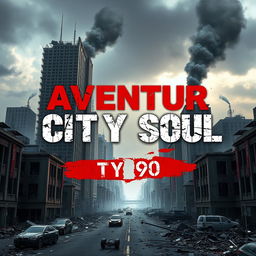 An impactful video game cover for 'Aventur City Soul,' showcasing a destroyed cityscape in an apocalyptic style