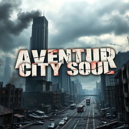 An impactful video game cover for 'Aventur City Soul,' showcasing a destroyed cityscape in an apocalyptic style